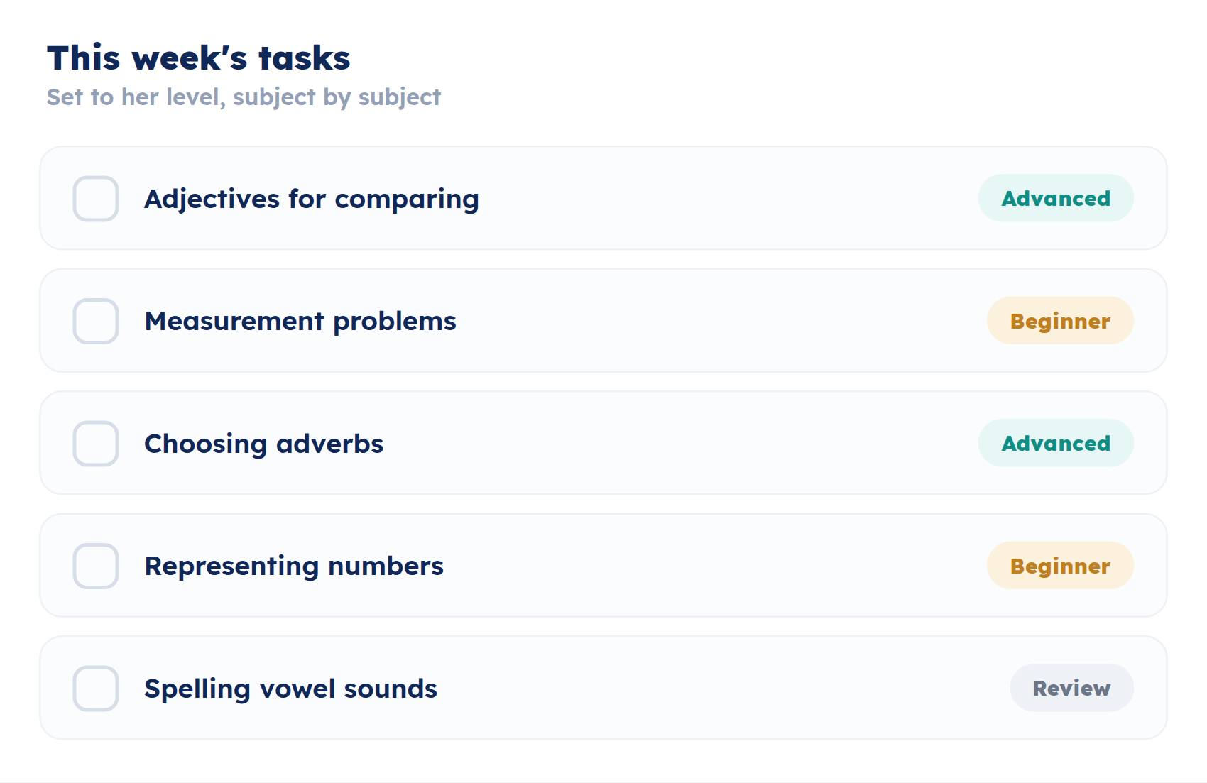 Weekly tasks, each set to the child's level